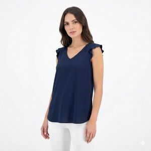 SYMPLI Jersey Knit Flutter Cap Sleeve Vee Neck Popover Top Navy Blue US Sz 16